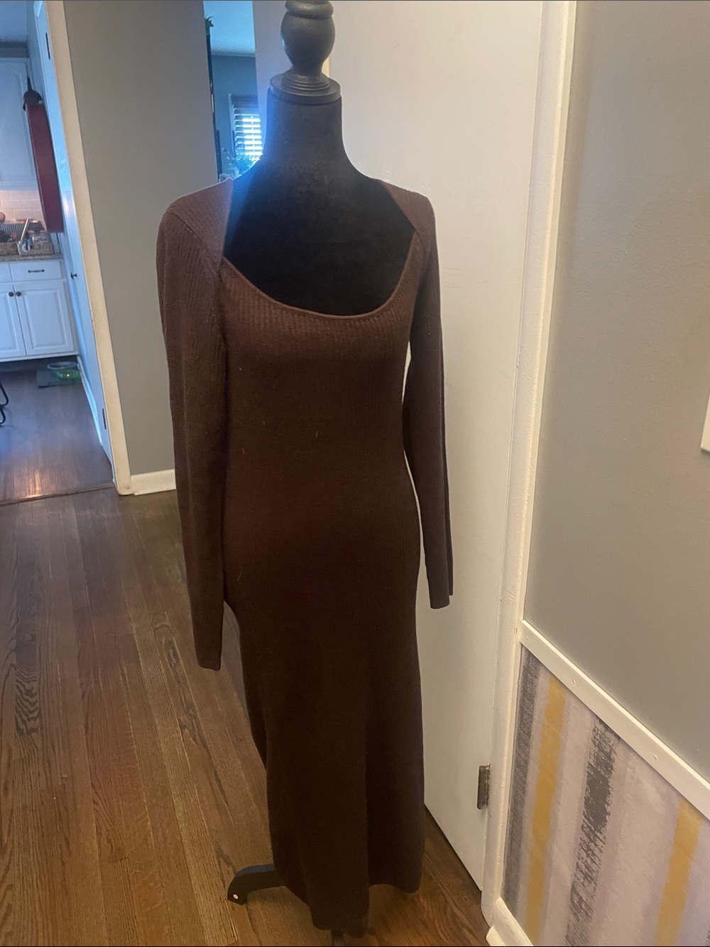 GAP Brown Ribbed Scoop-Neck Long Sleeve Midi Dress